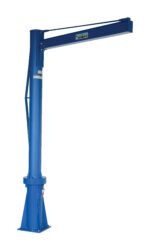 The Vestil Multi Station Jib Crane 1K 72 X 119.82 is a durable blue crane with a vertical column and horizontal arm for efficient lifting, securely mounted on concrete and featuring either a mechanical or hydraulic arm system for smooth operation.