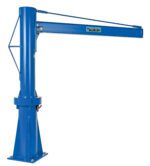 The blue Vestil Multi Station Jib Crane 1K 72 X 71.82, with a vertical column and horizontal boom, is designed for lifting heavy objects. Its stable base and pivoting arm enhance reach, making it perfect for diverse industrial applications.