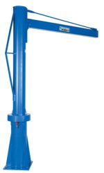 The Vestil Multi Station Jib Crane 1K 72 X 95.82 features a blue cylindrical post with a horizontal arm extending right, mounted on a square base. The manufacturers label is visible on the arm, detailing its 1K capacity and dimensions of 72 x 95.82.