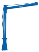 The Vestil Multi Station Jib Crane 1K 96 X 119.82, featuring a blue color, vertical column, and extended horizontal arm with a rectangular profile supported by diagonal bracings, is shown against a white background for clarity.