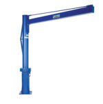 The Vestil Multi Station Jib Crane 1K 96 X 95.82 features a sturdy base, vertical support column, and a horizontal beam for lifting heavy loads efficiently in industrial settings, all against a plain white background.