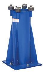 The Vestil Multi Station Jib Crane Base Socket includes a blue industrial metal stand with a cylindrical body and sturdy base. Black clamps and knobs on top secure objects, while the bolted base ensures stability.