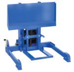 The Vestil Multi-Purpose Tote Dumper 72 In Dump is a robust blue industrial lifting device with a sturdy frame and extendable arms. Its vertical back panel supports elevating heavy objects, making it perfect for warehouse use with its 72-inch dumping capability.