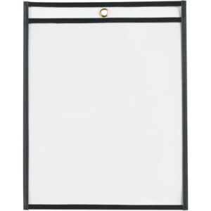 The MH-USA 8 1/2 x 11 Job Ticket Holders, available in a case of 25, have a clear rectangular design with black trim and a brass grommet for hanging, perfectly showcased against a plain white background.