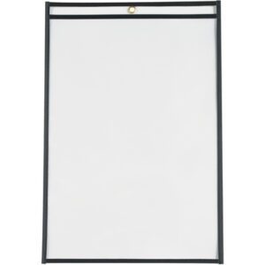 The MH-USA 11 x 17 Job Ticket Holders (25/Case) feature a transparent plastic pouch with a black frame and top circular metal ring, ideal for vertically displaying documents.