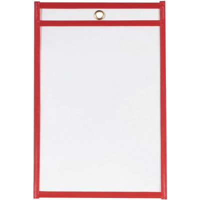 JTH110.jpg The MH-USA 6 x 9 Red Job Ticket Holders feature a red border, clear plastic front, and central metal grommet hole. Packaged in cases of 25, these rectangular holders fit standard sheets.