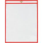 The MH-USA 9 x 12 Neon Red Job Ticket Holders (15/Case) feature a red-trimmed clear plastic design with a brass grommet at the top center for easy hanging, and their transparency enhances functionality.