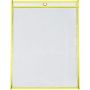 The MH-USA 9 x 12 Neon Yellow Job Ticket Holders, sold in packs of 15 per case, are rectangular with a glossy finish and vibrant yellow border. They include a top hole for easy hanging, perfect for organizing needs.