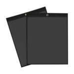 Two MH-USA 11 x 14 Solid Back Job Ticket Holders in black overlap slightly. With a clear front and top metal grommet, theyre ideal for efficient document display and organization.