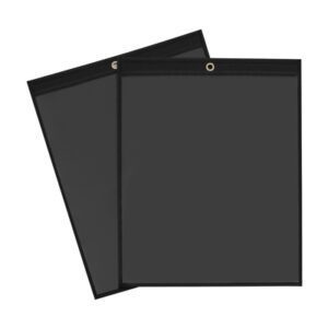 Two overlapping MH-USA 8 1/2 x 11 solid back job ticket holders feature transparent surfaces for reusable writing with dry erase markers and include a metal grommet for easy hanging.