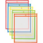 The MH-USA 9 x 12 Neon Job Ticket Holders Assortment Pack includes six clear sleeves with bright red, yellow, blue, and green borders, ideal for organization. Each has a metal grommet at the top for simple hanging.