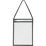 Presenting the MH-USA 9 x 12 Deluxe Job Ticket Holders with Strap, a transparent sleeve with black edging, a gold grommet at the top left corner, and a sturdy black strap for easy hanging. Available in packs of 15 per case, this product is ideal for efficient organization.