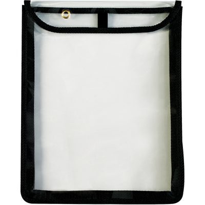 JTH124.jpg The MH-USA 9 x 12 x 1 Gusseted Job Ticket Holders (15/Case) have a transparent plastic pouch with black fabric edges and a metal grommet. Its top flap opens slightly to reveal a clear interior ideal for documents or small items, offering a sleek and functional design.