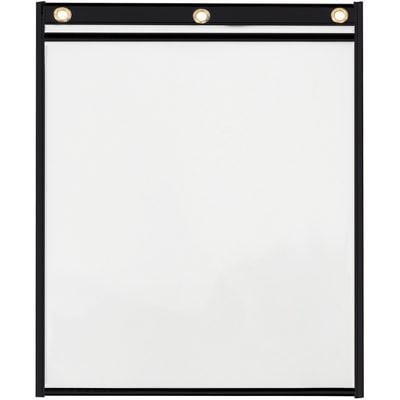 JTH150.jpg A large, rectangular backlit makeup mirror with a sleek black frame resembles the MH-USA 9 x 12 Heavyweight Job Ticket Holders. It has three evenly spaced round lights on top, delivering perfect brightness across its white surface.