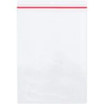 An empty MH-USA 9 x 12 Industrial Zippered Job Ticket Holder lies flat against a white background, featuring clear plastic with a red sealing strip at the top.