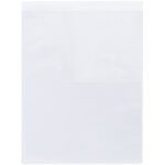 The MH-USA 9 x 12 top loading self-adhesive holder, with a transparent design featuring two pockets for paper storage, is made of clear plastic and displayed against a plain white background.