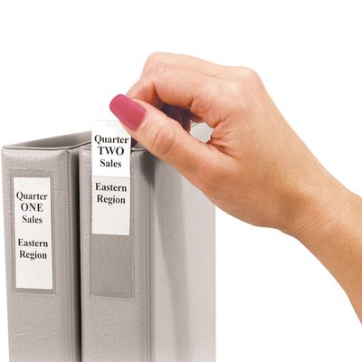 JTH258.jpg A hand retrieves a gray binder labeled Quarter Two Sales, Eastern Region nestled between two binders, each with perfectly sized white labels for the MH-USA 2 3/4 x 3 5/8 Binder Top Loading Self-Adhesive Holder (60/Case). Quarter One Sales, Eastern Region is positioned next to it.