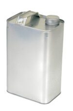 The Vestil Tin Plated Rectangular Jug 64 Oz Cap is a metal canister with a screw-on cap and a small top handle.