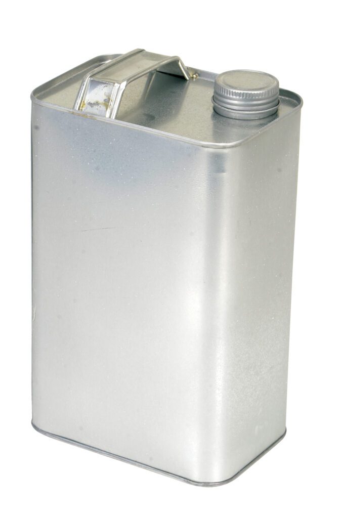 The Vestil Tin Plated Rectangular Jug 64 Oz Cap is a metal canister with a screw-on cap and a small top handle.