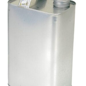 The Vestil Tin Plated Rectangular Jug 64 Oz Cap is a metal canister with a screw-on cap and a small top handle.