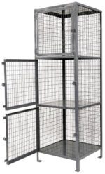 The Vestil Heavy Duty 3 Shelf Storage Locker 36X36 features a robust steel frame and wire mesh for visibility and security. With its open front design, this industrial metal cage is perfect for safely storing items.