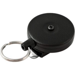 The Spinner™ Heavy Duty Retractable Key Holder - 2 Pack offers a black badge reel with a metal key ring and a round, textured surface accented by a center screw.