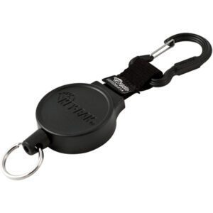The Securit™ Heavy-Duty Retractable Key Holder - 2 Pack, featuring a Nite Ize engraving and offering versatile use with a key ring and carabiner clip, is designed in sleek black with a belt clip for secure attachment.