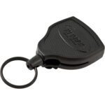 The Super 48™ Heavy Duty Retractable Key Holder - 2 Pack features a black textured surface with embossed branding, ideal for securing keys or ID cards. It includes a keyring attachment and robust design, making it perfect for everyday use.