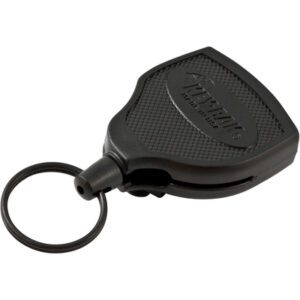 The Super 48™ Heavy Duty Retractable Key Holder - 2 Pack features a black textured surface with embossed branding, ideal for securing keys or ID cards. It includes a keyring attachment and robust design, making it perfect for everyday use.