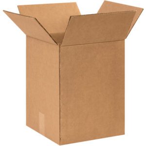 An upright, open cardboard box with unfolded flaps matches the design of MH-USA 11 1/2 x 11 1/2 x 15 3/8 Double Wall Boxes (25/Bundle) in sturdy, corrugated material for enhanced durability.