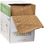 A box labeled Versa-Pak Protective Packaging Solutions reveals a roll of textured paper. The 12 x 175 Versa-Pak™ Cellulose Wadding Dispenser Pack (200/Roll) features a white exterior with green packaging symbols, designed for efficiency.