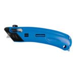 The EZ4® Guarded Self-Retracting Safety Cutter (12/Case) is a blue utility knife with an ergonomic handle, retractable blade, and black slider. It features safety enhancements and a hole for hanging or lanyard use.