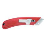 The S4SL® Spring-Back Safety Cutter is red, designed for left-handed users, and features a retractable blade and textured grip with a silver sliding button. Sold in cases of 12 and displayed on a white background.