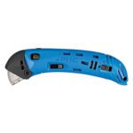 The GSC3™ Auto-Locking Safety Hood Utility Cutter, sold in a 12/Case, features a blue utility knife with black handle, ergonomic curved design with ventilation slots, and a retractable blade. The PHC brand is prominently displayed on the handle.