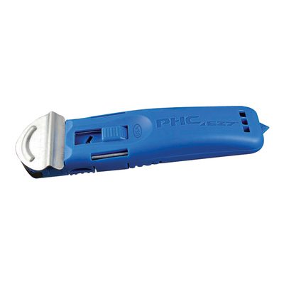 KN109.jpg The EZ7™ Self-Retracting Safety Cutter features a blue ergonomic handle, retractable stainless steel blade, and safety shield. It includes an innovative button mechanism for blade control and is marked PHC 4277. Available in cases of 12.