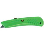 The MH-USA RSG-383 Safety Grip Utility Knife in neon green offers a retractable blade, ridged grip for secure handling, and an adjustable metal screw for blade length. Available in a convenient 10-pack case.