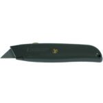 A closed MH-USA SN-195 Standard Utility Knife (10/Case) features a retractable blade, dark handle, brass screw, and textured grip for enhanced control.