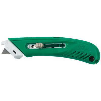 KN116.jpg The S4® Safety Cutter Utility Knife - Right Handed (12/Case) features a green finish with a retractable blade, textured grip, silver slider for blade adjustment, and grooves for better handling, making it essential for precision tasks.