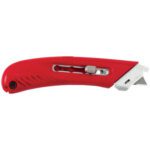 The S4® Safety Cutter Utility Knife - Left Handed features a vibrant red color, retractable blade with a metal slider for easy length adjustment, and ergonomic grooves for enhanced grip. Available in a 12/Case pack.