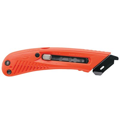 KN125.jpg The S5™ Safety Cutter Utility Knife - Left Handed is designed for left-handed users, featuring a textured orange handle, a smoothly retractable black blade with a silver slider, and is available in cases of 12.