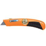 The QBS-20 QuickBlade® Self-Retracting Utility Knife (10/Case) features an orange design, a retractable blade, a black grip handle, a metal gear-like wheel for blade adjustment, and a blue and white side label.