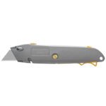 The MH-USA SN-395 Quick Change Knife, offered in a 10/Case pack, has a gray handle with a textured grip, retractable blade, yellow slider, and screw for easy blade replacement. A loop allows for convenient hanging or attachment.