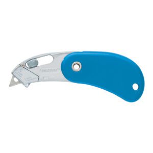 The PSC-2™ Blue Self-Retracting Pocket Safety Cutter (12/Case) boasts an ergonomic handle, retractable blade, metallic body with a visible screw for blade adjustment, and a hanging hole in the handle, making it a versatile tool for any setting.