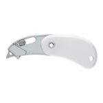 The PSC-2™ White Self-Retracting Pocket Safety Cutter showcases a sleek silver look with a curved handle and convenient end hole. The retractable blade is partially visible, with an easy-use knob, making it ideal for safe and efficient cutting tasks. Available in cases of 12.