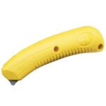 The T1® Tape Splitter, sold in a 25-pack, is an ergonomic yellow utility knife featuring a curved handle with textured grip, retractable blade, two circular holes, and a small raised logo, blending functionality and style in every use.