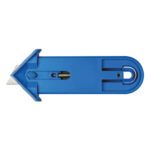Meet the EZ1™ Ambidextrous Self-Retracting Safety Cutter: a blue utility knife with a circular handle, retractable blade, and sliding mechanism for precision and safety. Arrow-shaped front design, sold in cases of 25.
