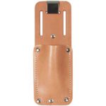 Introducing the MH-USA UKH-326 Leather Holster (6/Case), a tan leather belt sheath with a silver clip and rivets. It features a spacious main pocket for tools or accessories, with elegant visible stitching tracing the pocket edges.