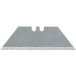 A close-up image of an MH-USA SB-92 Standard Utility Blade (100/Case) highlights its sleek, metallic design. The silver blade has two top notches for easy attachment and PHC with Made in USA engravings, emphasizing quality. Its sharp bottom edge is perfect for precision tasks.