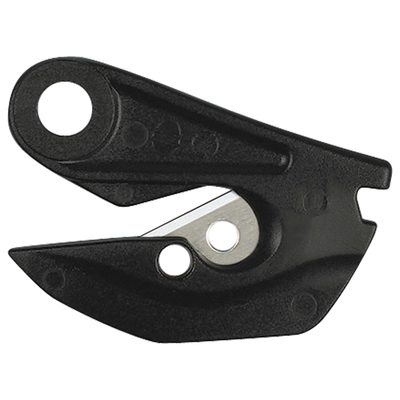 KN227.jpg Close-up of a sleek black metal hook, similar to S5FC S5® Film Cutter Replacement Blades (12/Case), featuring a sharp edge, multiple holes for attachment, angular design, and a visible silver blade.