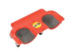 The Vestil Rolling Knee Dolly 350 Lb Capacity is a red mechanics creeper seat with two black cushioned knee pads, four swivel casters, a circular sticker on the seat, and a rear tray for tools or parts.